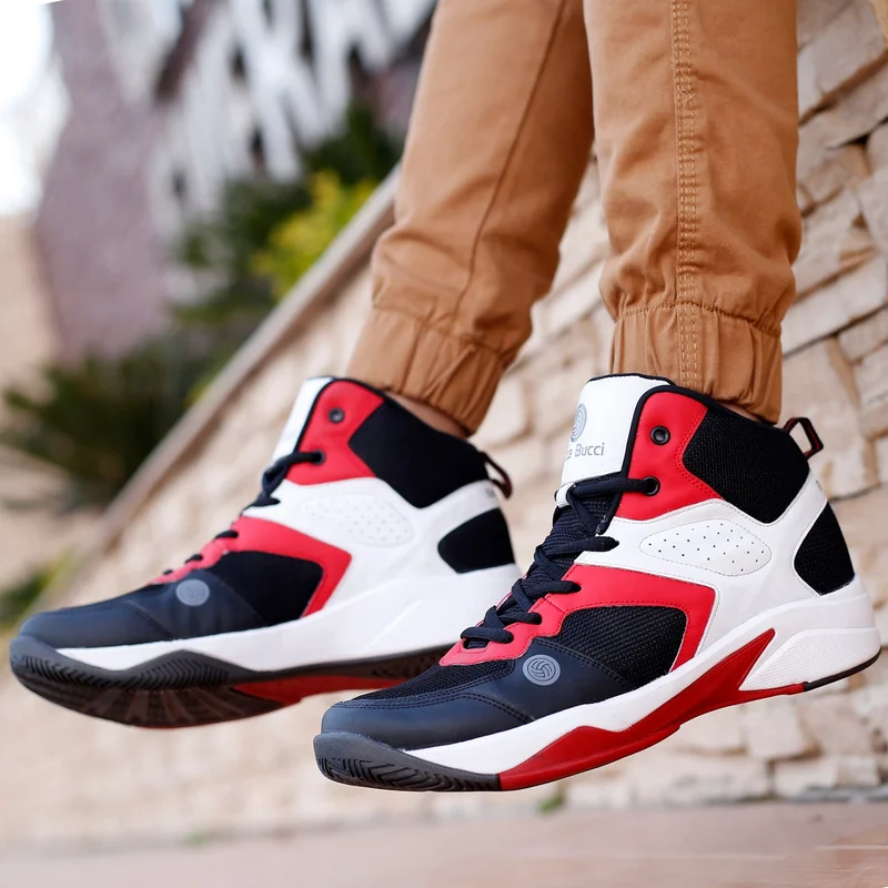 باكا بوتشي أحذية كرة سلة رجالية عالية الرقبة باللونين الأسود والأحمر